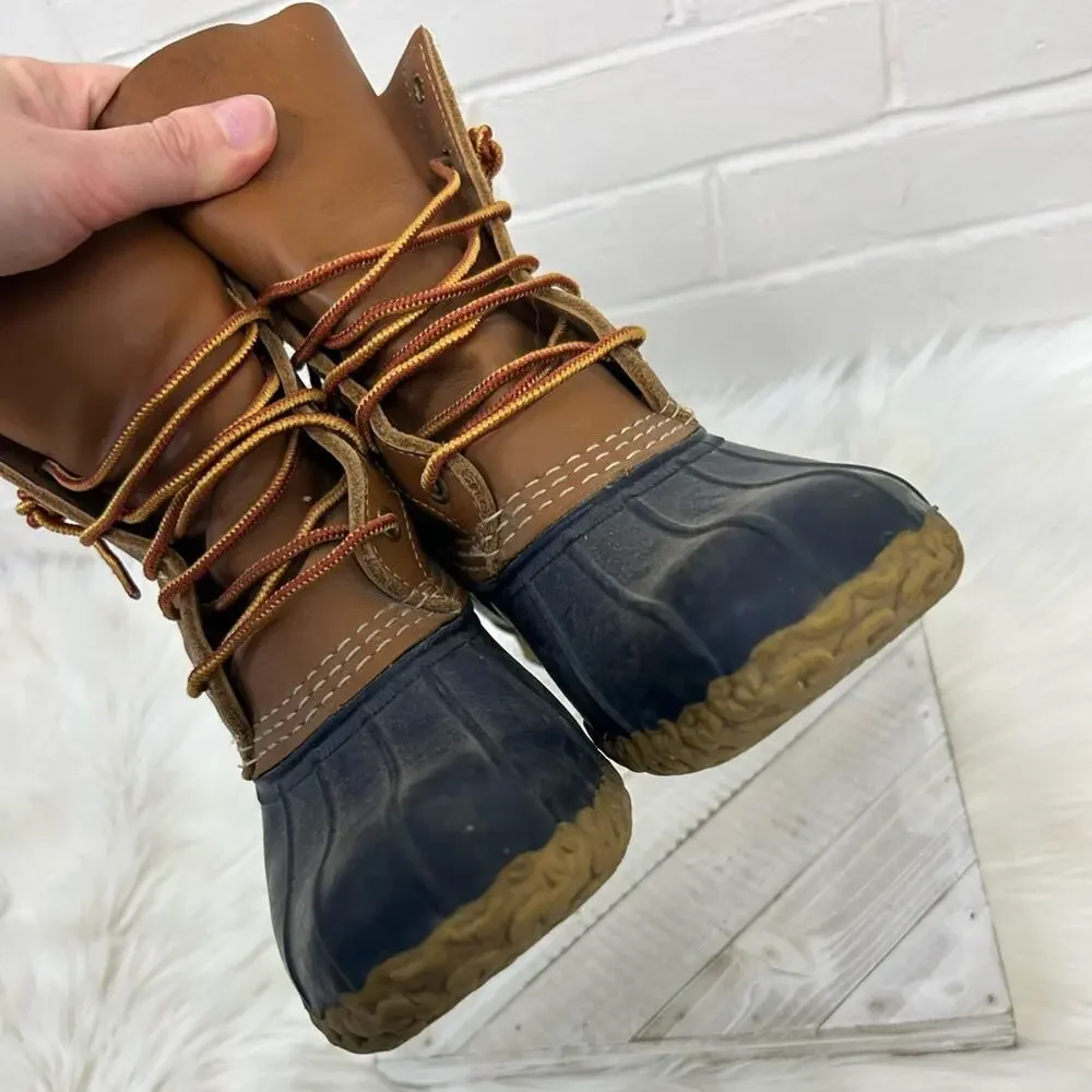 L.L.Bean Women’s 8” Unlined Bean Boots in Tan/Bright Navy/Gum Size 7N